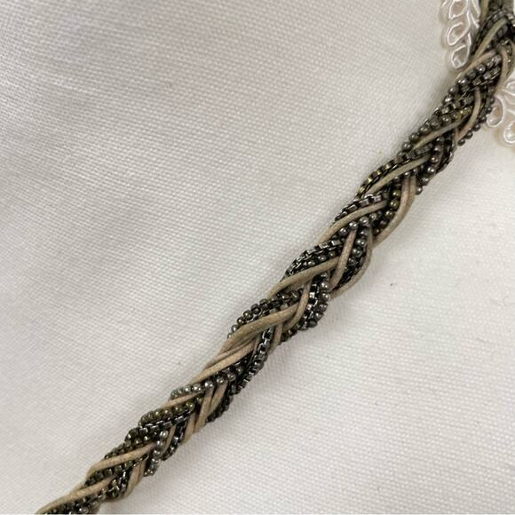 Braided Sliver Tone & Leather Long Necklace With Twist Boho - Picture 6 of 6